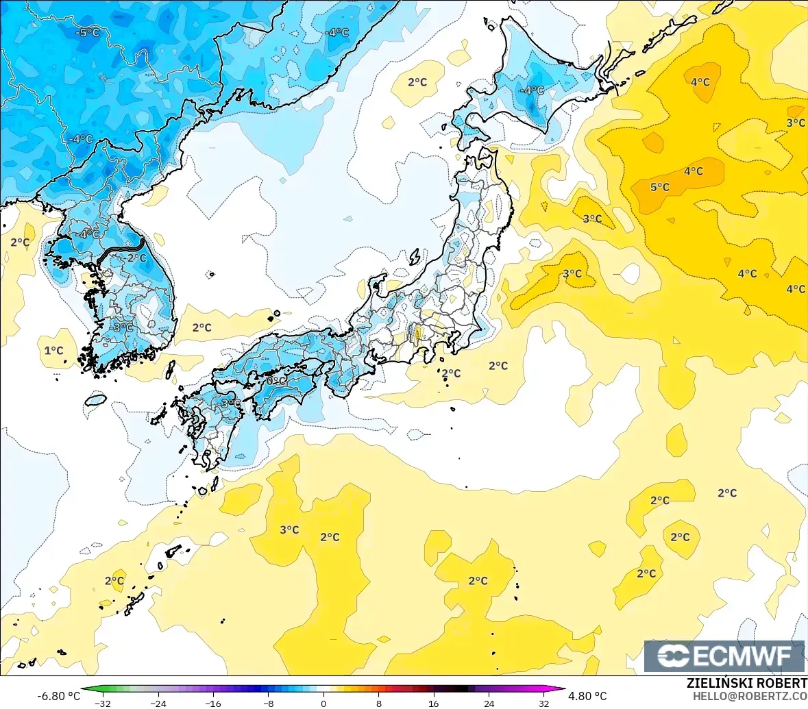 ECMWF IFS 0.25° model - Jepang, Anomali Suhu 2 m