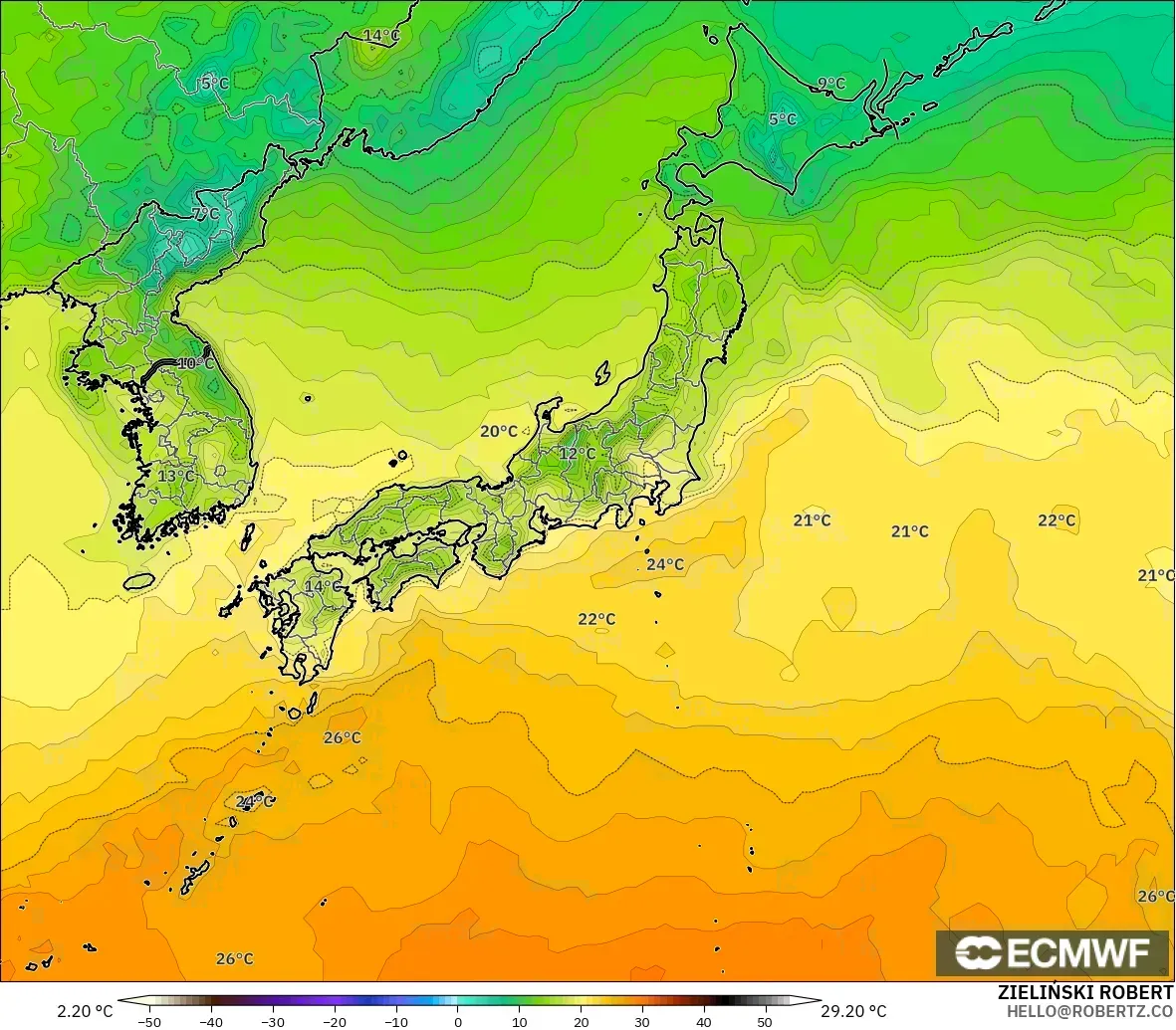 ECMWF IFS 0.25° model - Jepang, Suhu 2 m