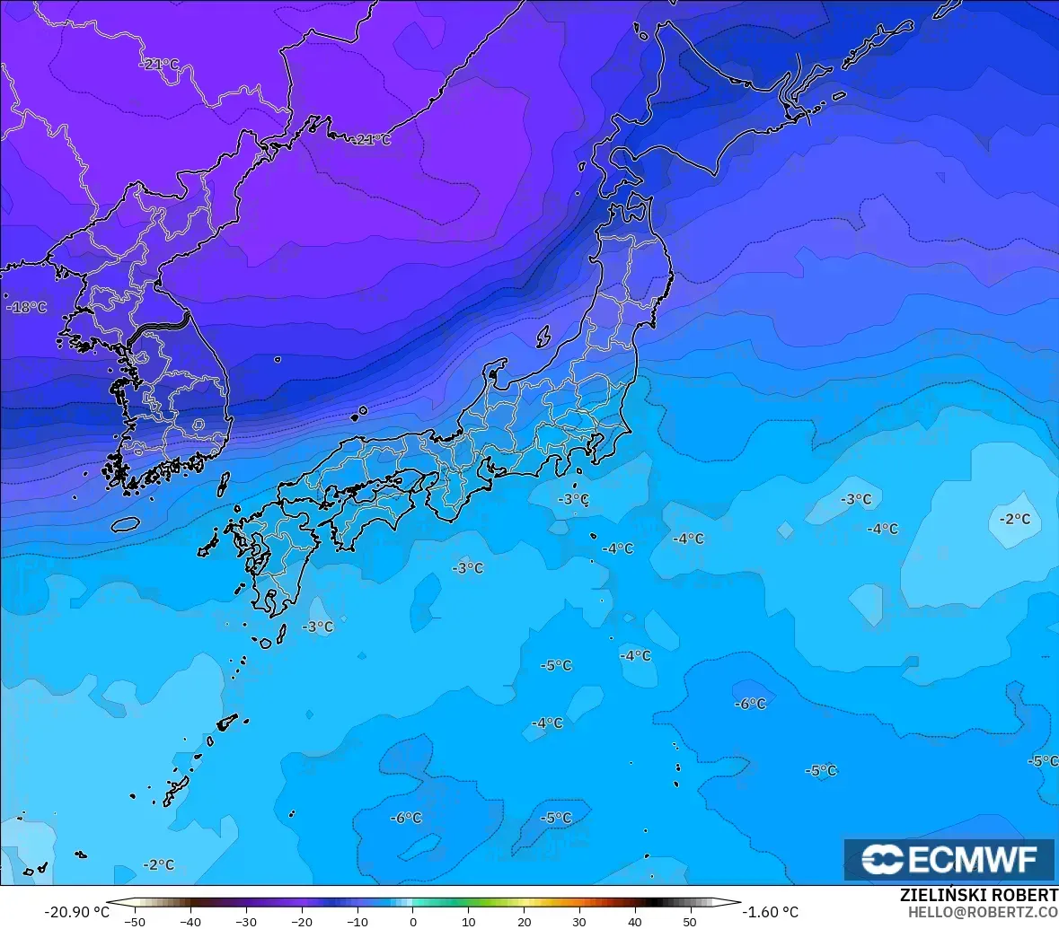 ECMWF IFS 0.25° modelo - Japan, Temperature at 500hPa