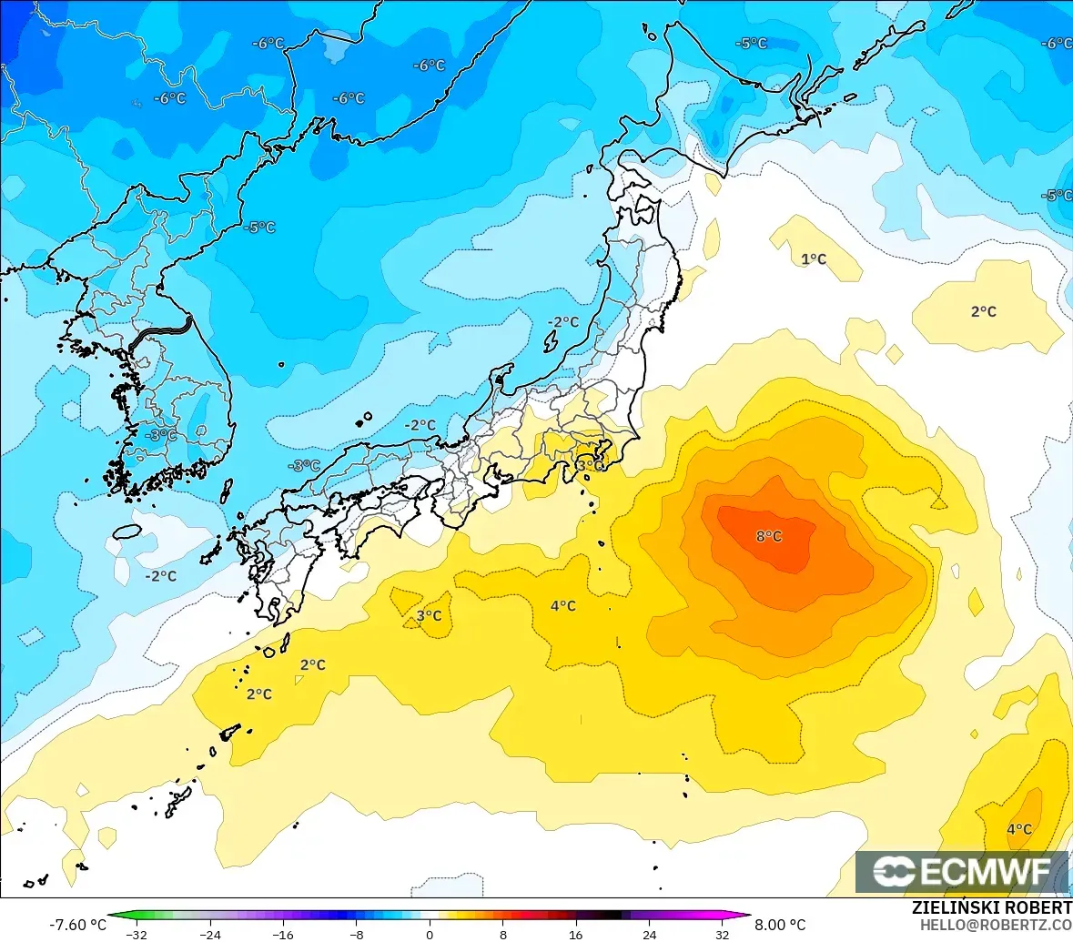 ECMWF IFS 0.25° modelo - Japan, Temperature at 850hPa Anomaly