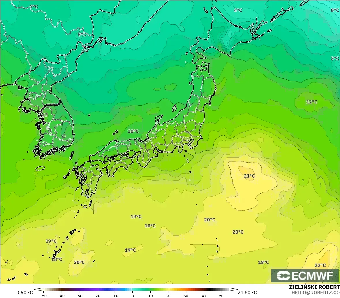 ECMWF IFS 0.25° modelo - Japan, Temperature at 850hPa