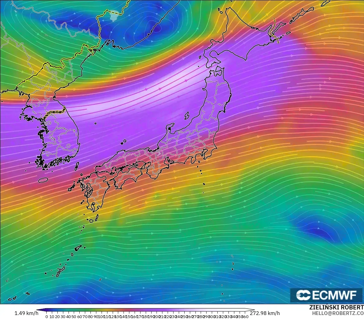 ECMWF IFS 0.25° model - Jepang, Angin 300 hPa (aliran jet)