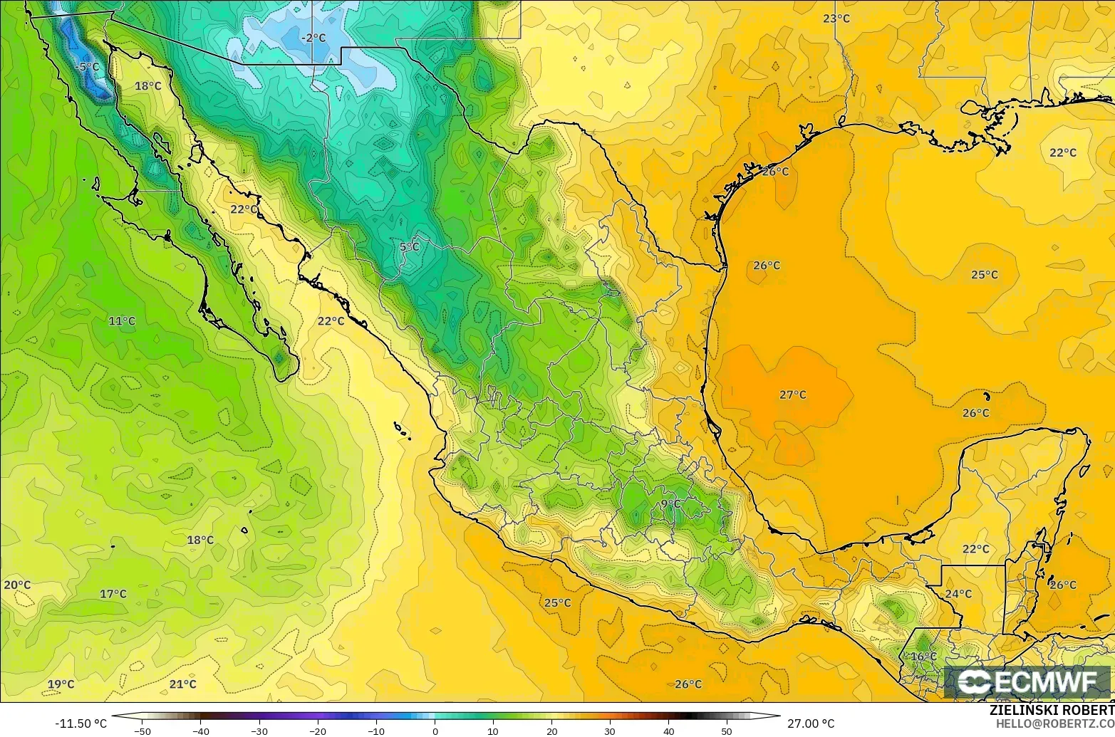 ECMWF IFS 0.25° modelo - Mexico, Dewpoint at 2m