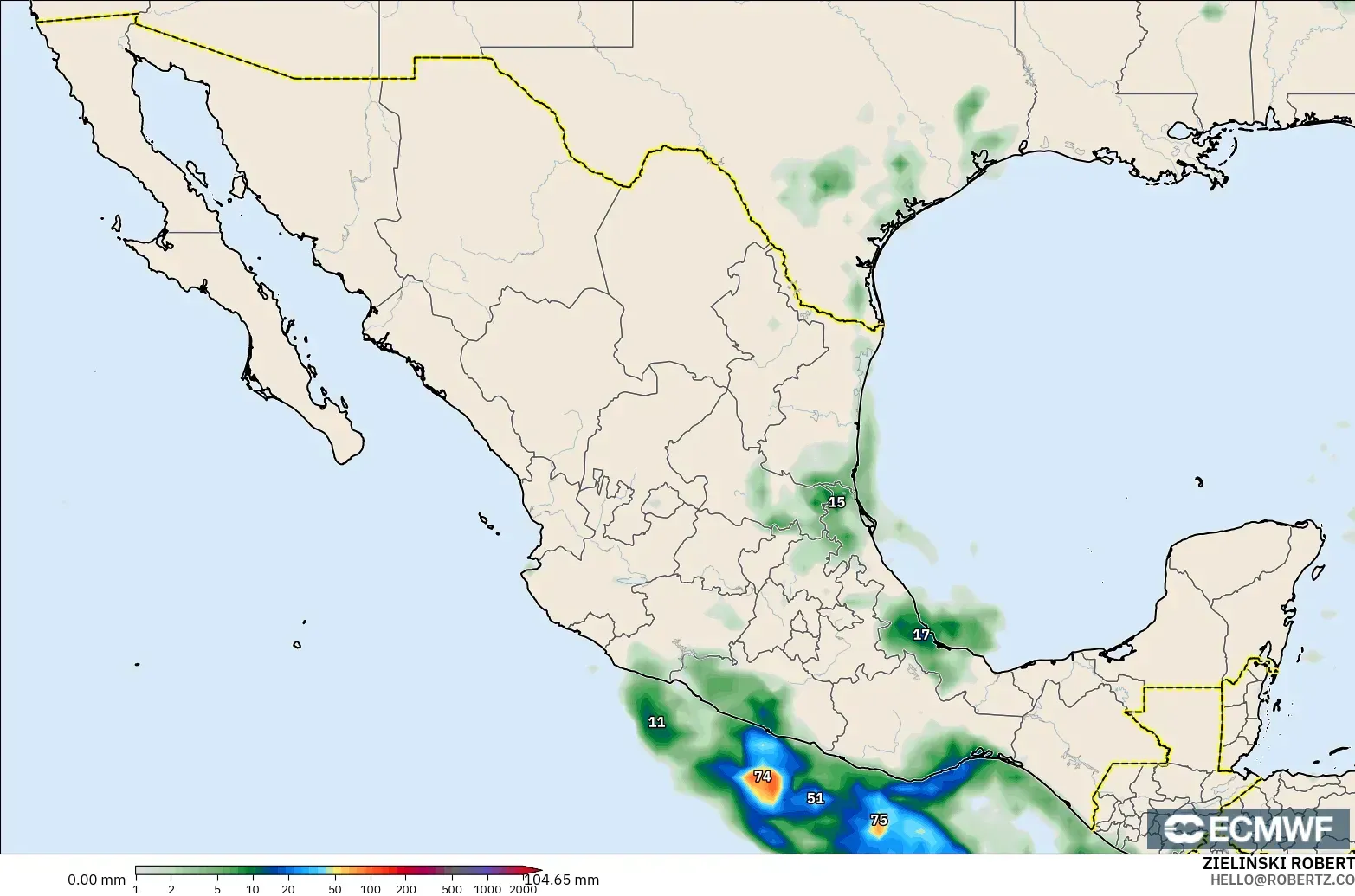 ECMWF IFS 0.25° modelo - Mexico, Precipitation Accumulation