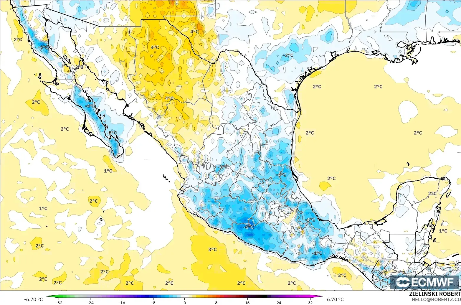 ECMWF IFS 0.25° modelo - Mexico, Temperature at 2m Anomaly