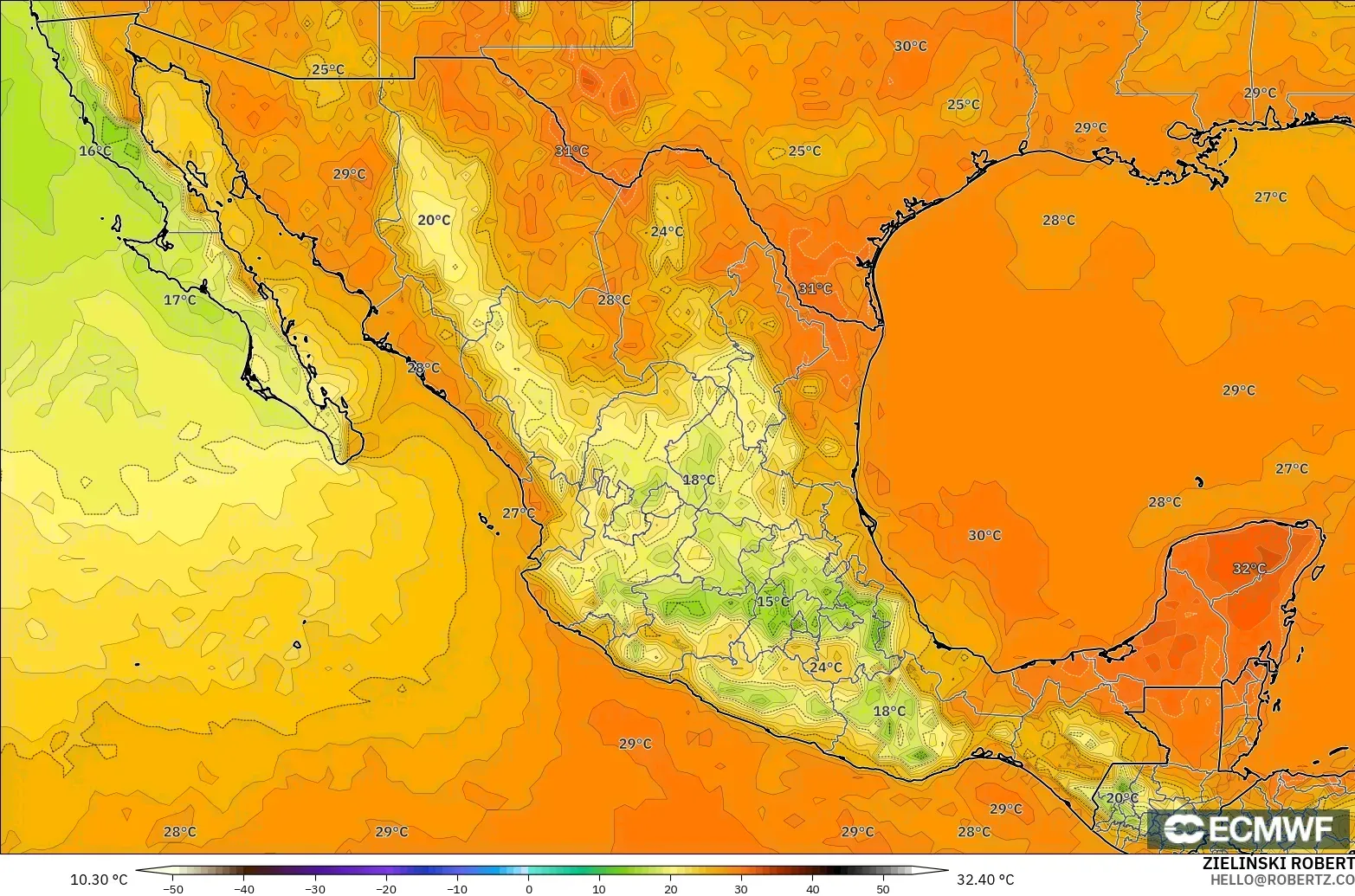 ECMWF IFS 0.25° modelo - Mexico, Temperature at 2m