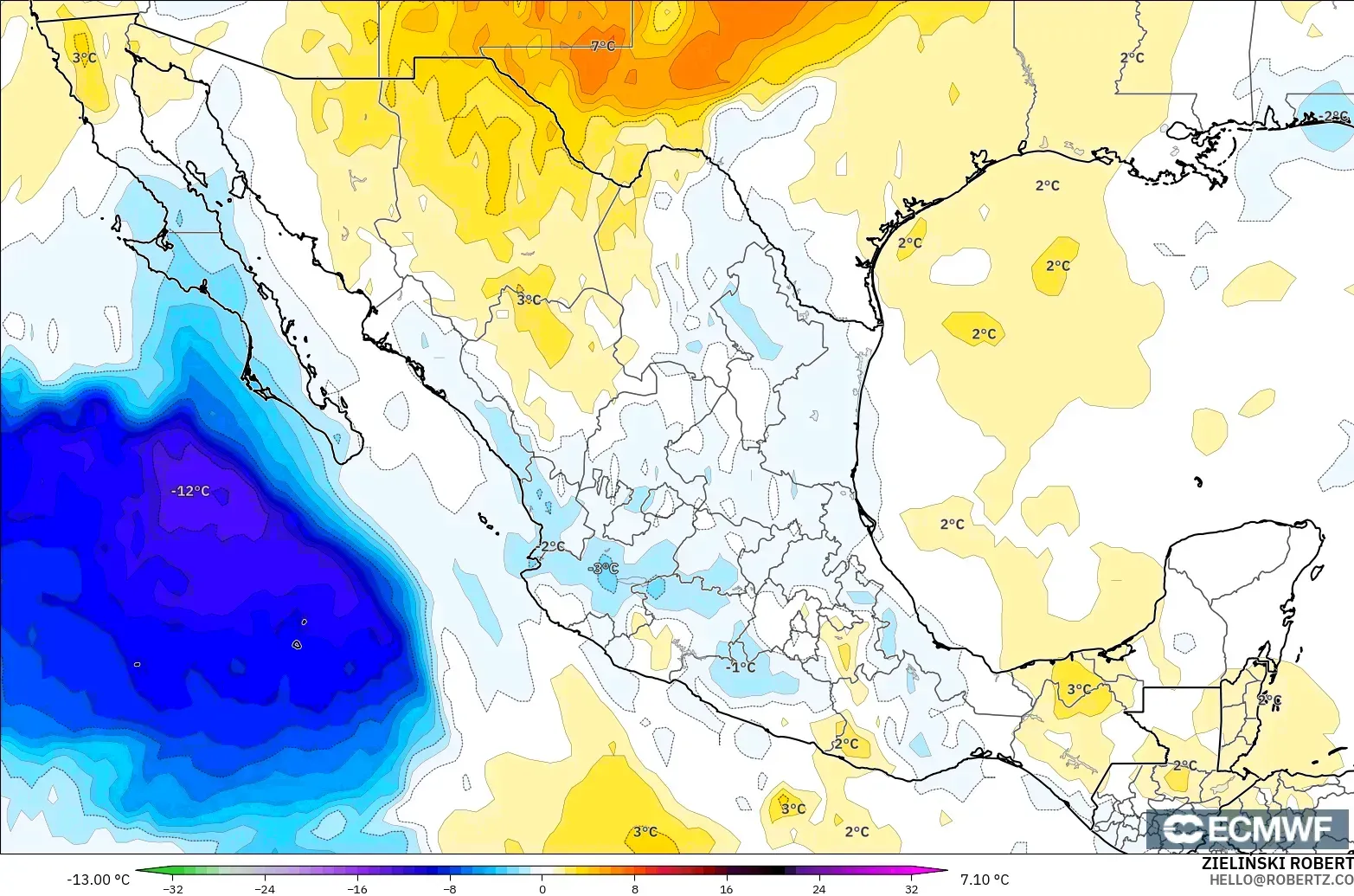 ECMWF IFS 0.25° modelo - Mexico, Temperature at 850hPa Anomaly