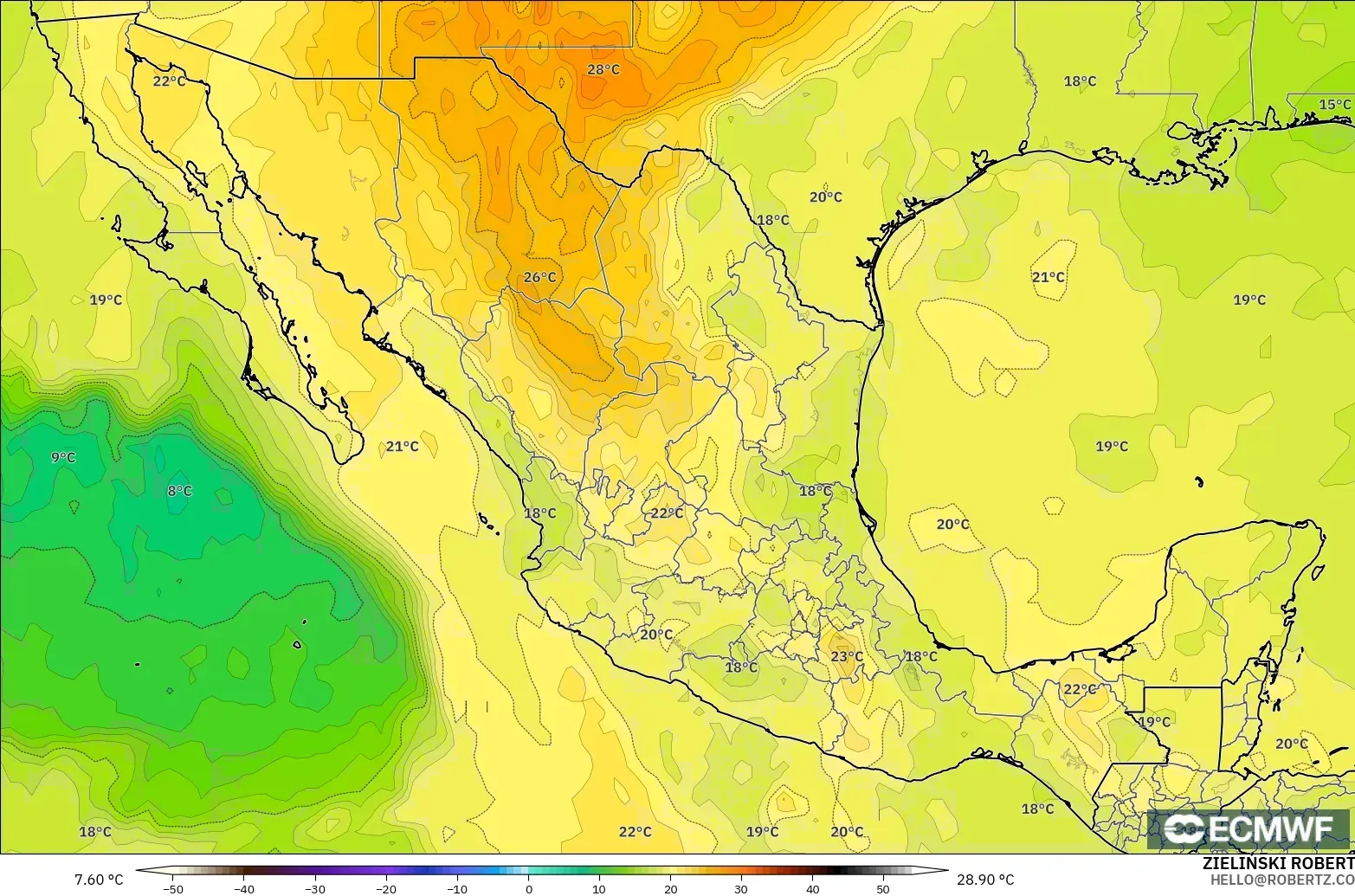 ECMWF IFS 0.25° modelo - Mexico, Temperature at 850hPa