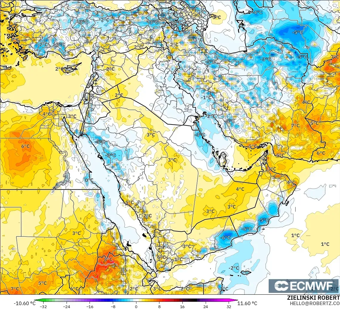 ECMWF IFS 0.25° modelo - Middle East, Temperature at 2m Anomaly
