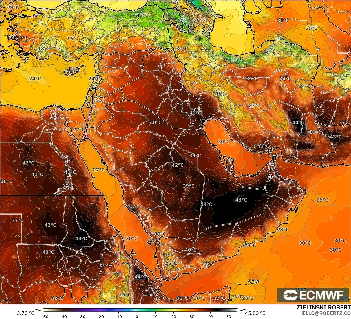 ECMWF IFS 0.25° modelo - Middle East, Temperature at 2m