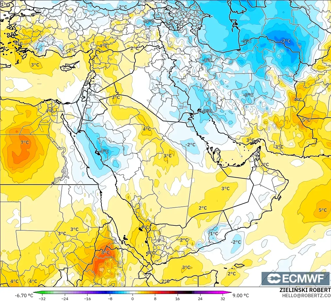 ECMWF IFS 0.25° model - Timur Tengah, Anomali Suhu 850 hPa