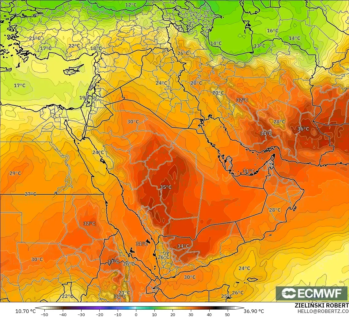 ECMWF IFS 0.25° modelo - Middle East, Temperature at 850hPa