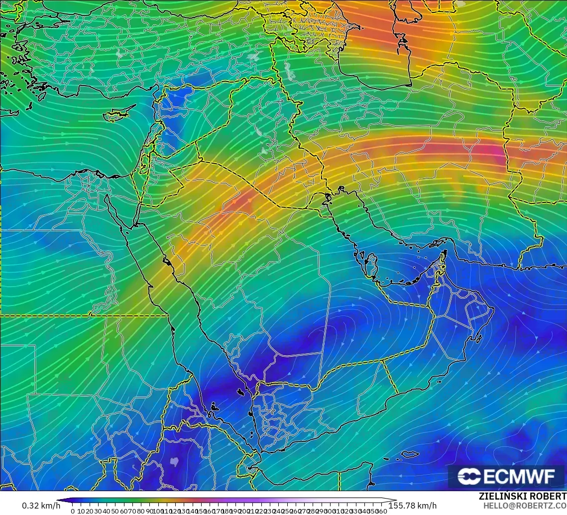 ECMWF IFS 0.25° model - Timur Tengah, Angin 300 hPa (aliran jet)