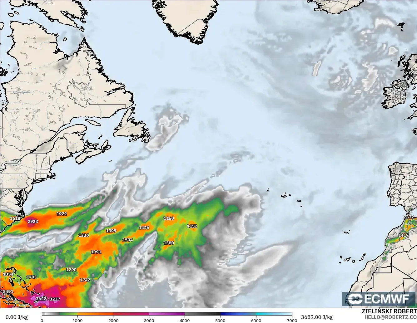 ECMWF IFS 0.25° modelo - North Atlantic, CAPE