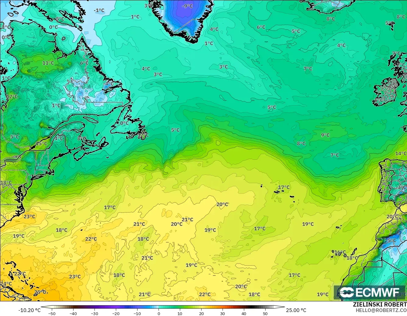 ECMWF IFS 0.25° modelo - North Atlantic, Dewpoint at 2m