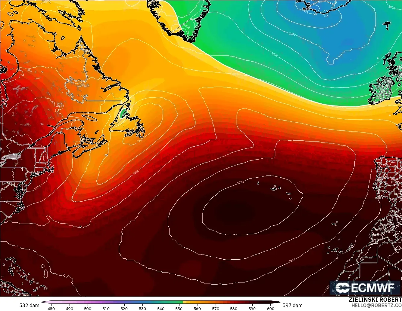 ECMWF IFS 0.25° model - Atlantik Utara, Ketinggian geopotensial pada 500 hPa