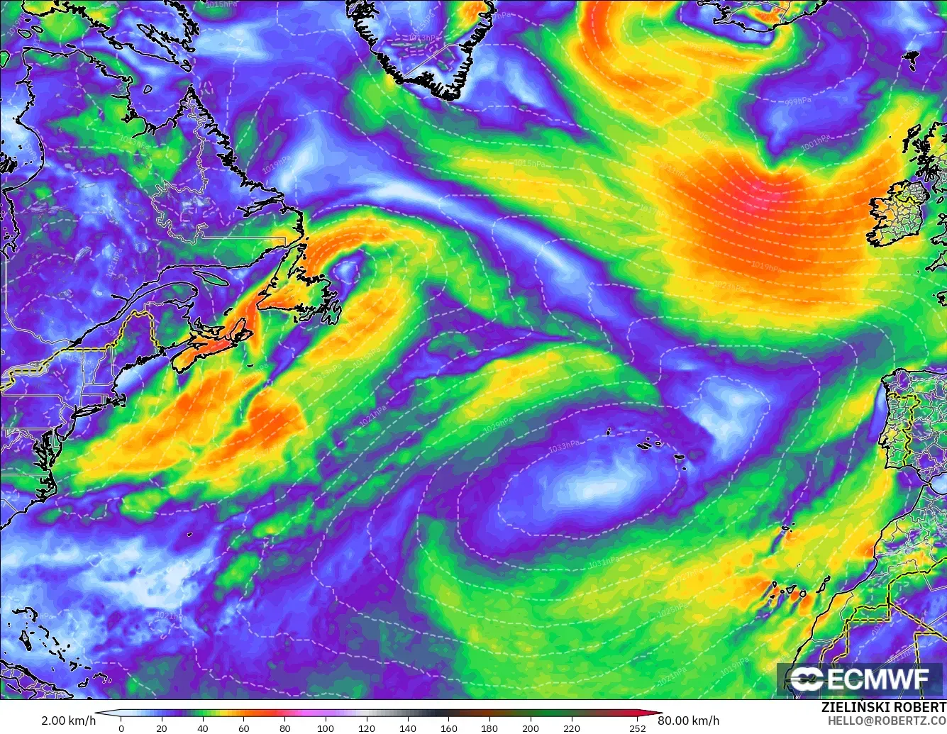 ECMWF IFS 0.25° model - Atlantik Utara, Puncak Hembusan