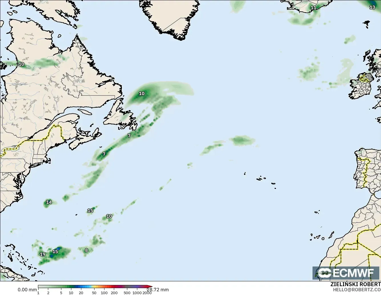 ECMWF IFS 0.25° modelo - North Atlantic, Precipitation Accumulation