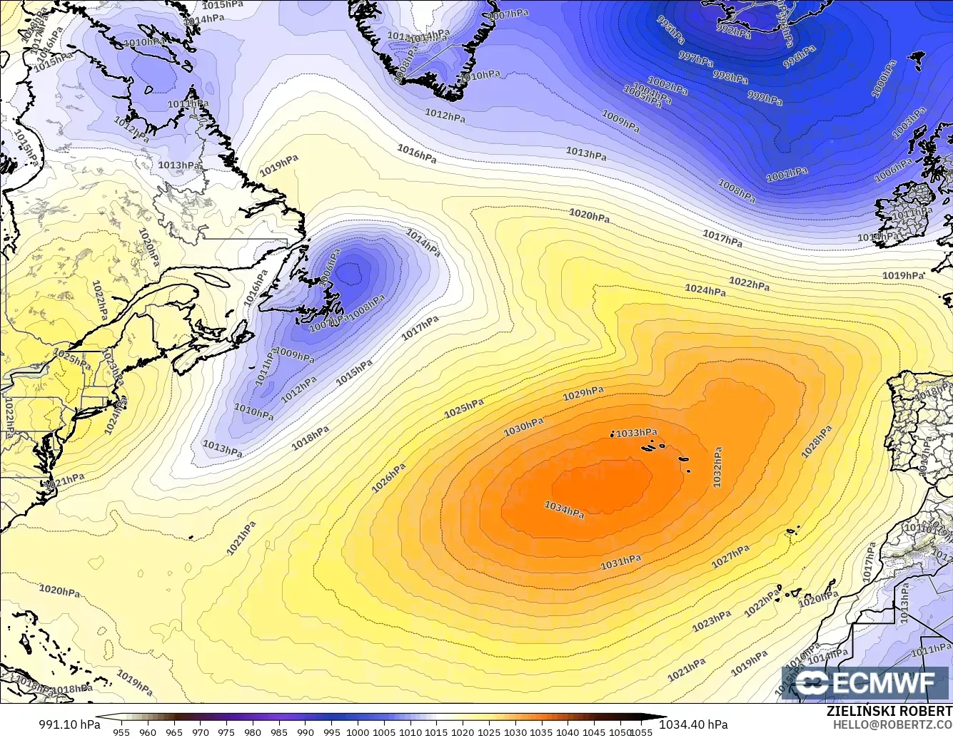 ECMWF IFS 0.25° modelo - North Atlantic, Pressure