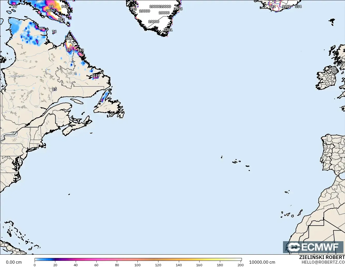 ECMWF IFS 0.25° modelo - North Atlantic, Snow Depth