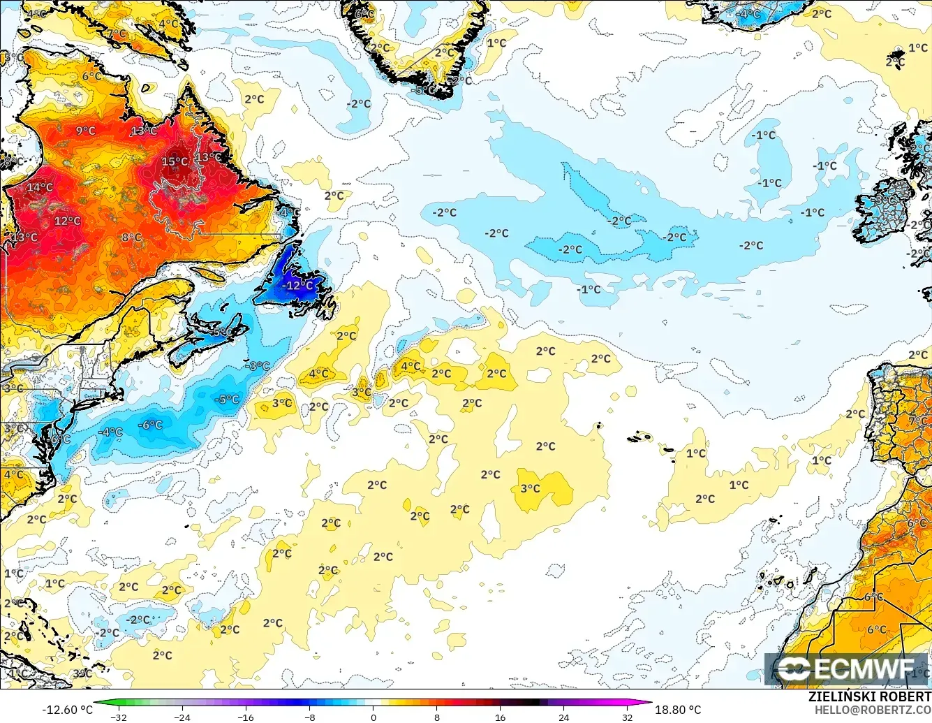 ECMWF IFS 0.25° model - Atlantik Utara, Anomali Suhu 2 m