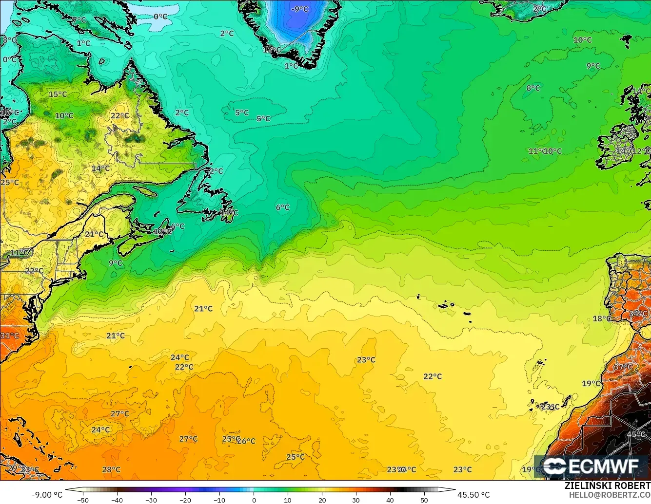 ECMWF IFS 0.25° modelo - North Atlantic, Temperature at 2m