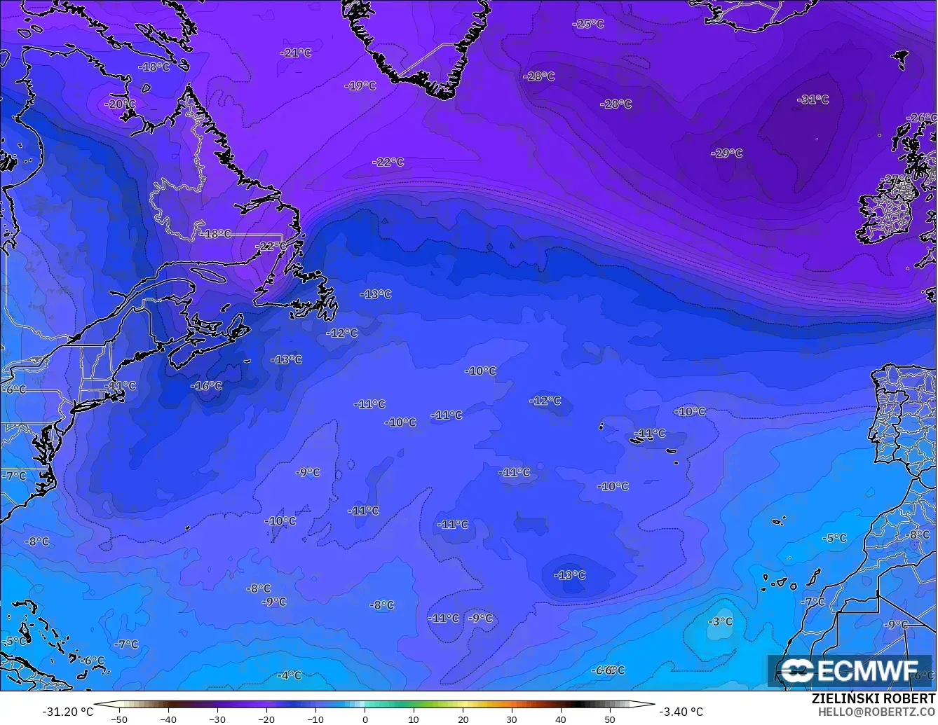ECMWF IFS 0.25° model - Atlantik Utara, Suhu 500 hPa