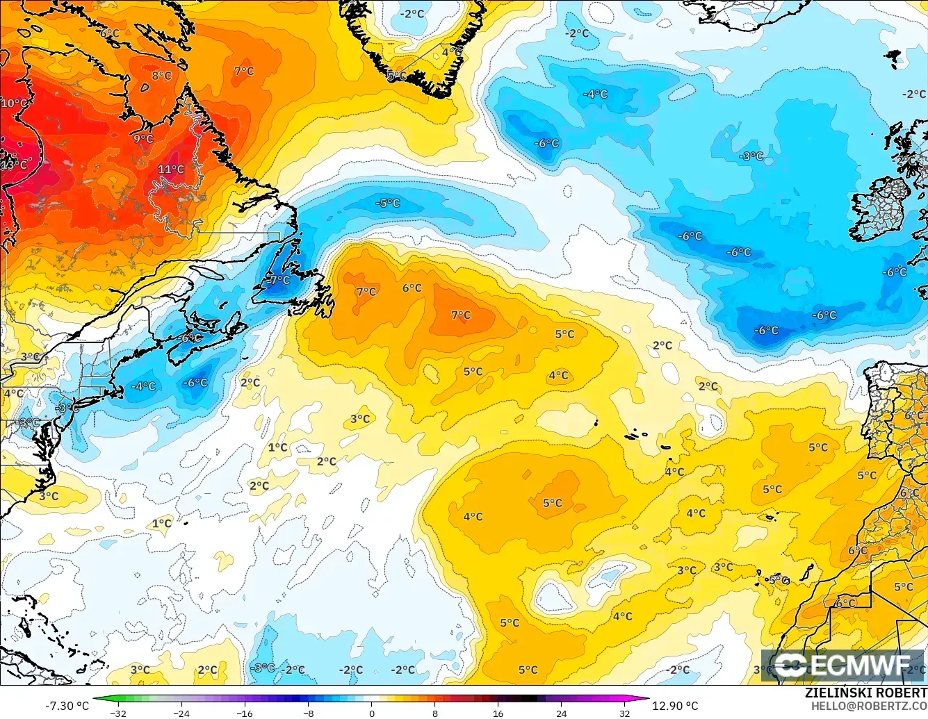 ECMWF IFS 0.25° model - Atlantik Utara, Anomali Suhu 850 hPa
