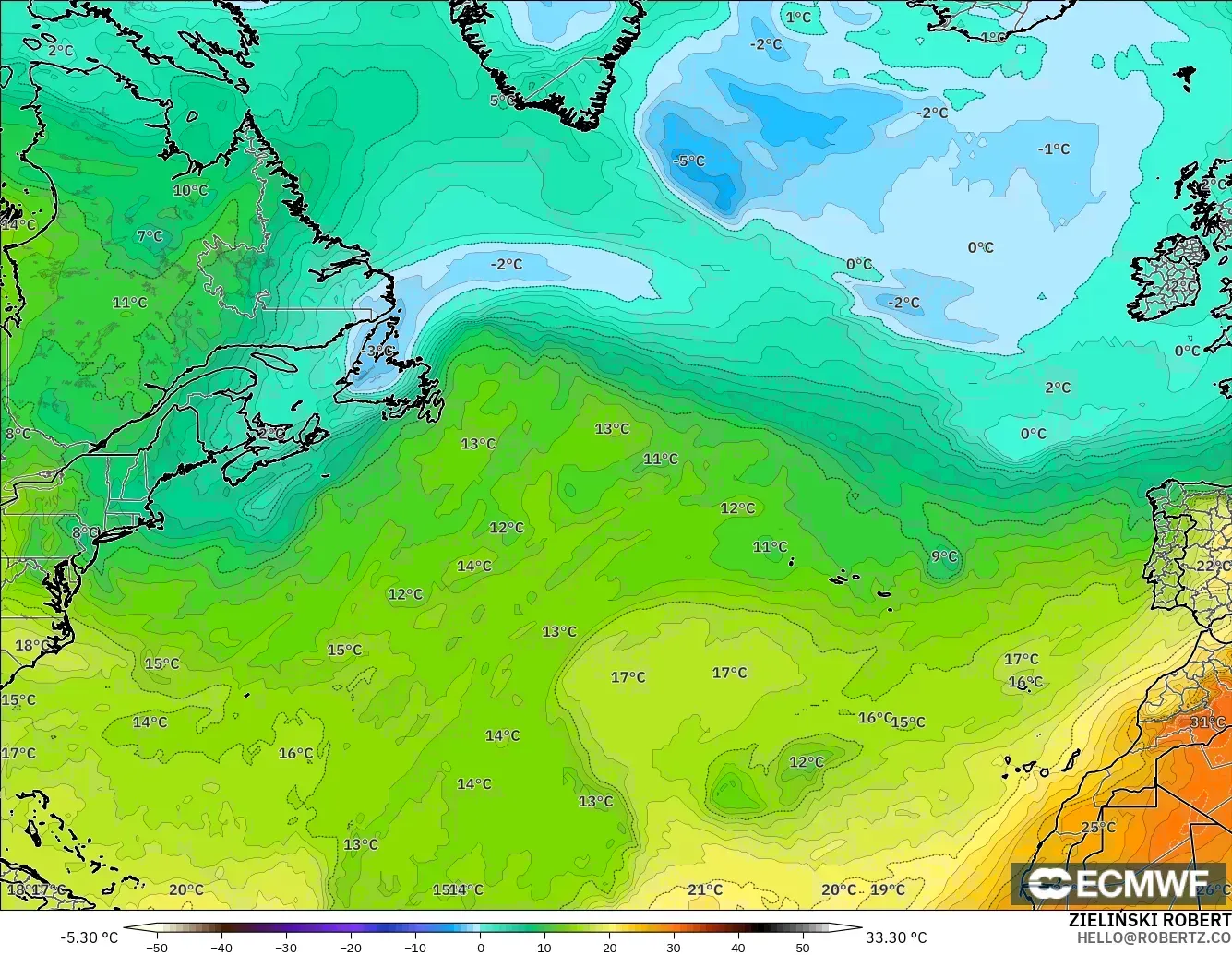 ECMWF IFS 0.25° model - Atlantik Utara, Suhu 850 hPa