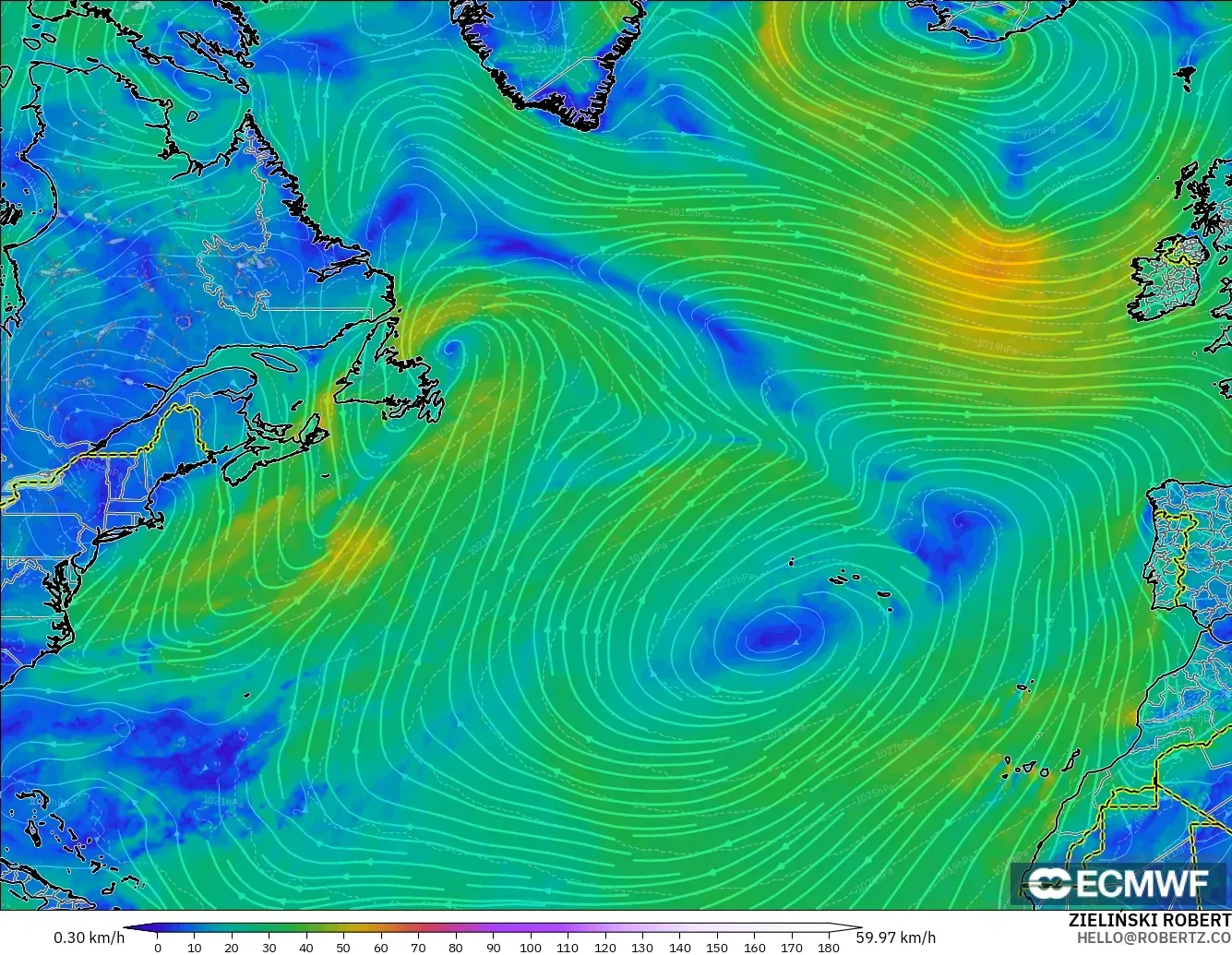 ECMWF IFS 0.25° modelo - North Atlantic, Wind at 10m
