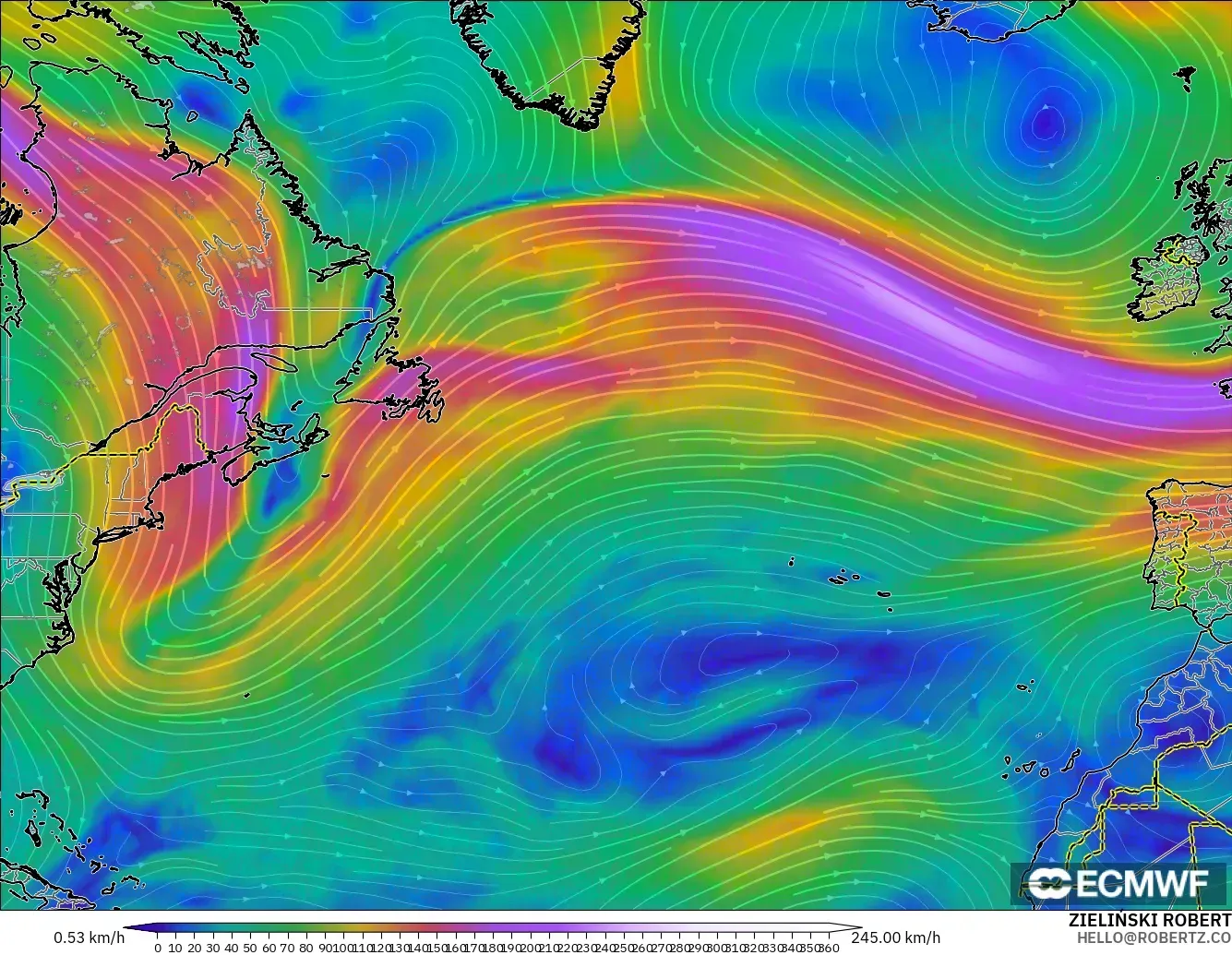 ECMWF IFS 0.25° model - Atlantik Utara, Angin 300 hPa (aliran jet)