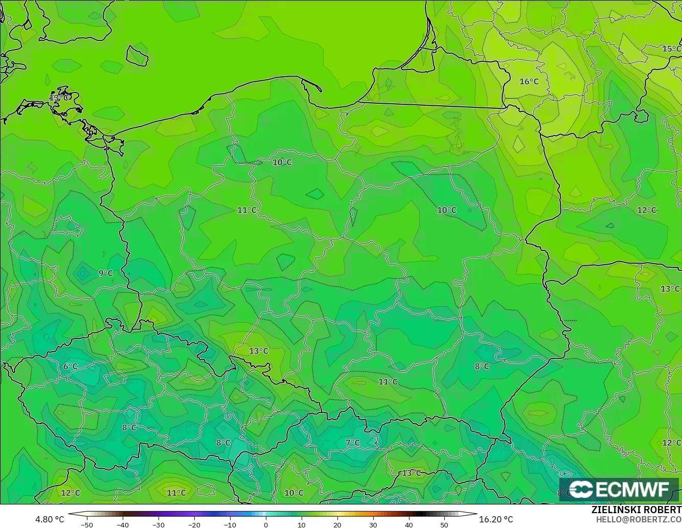 ECMWF IFS 0.25° modelo - Poland, Dewpoint at 2m