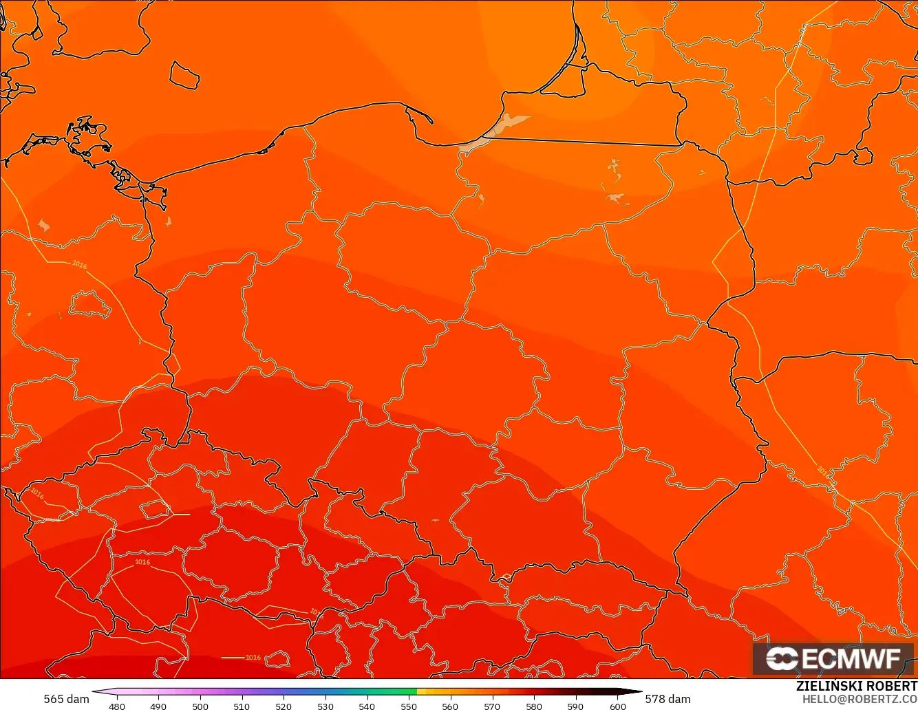ECMWF IFS 0.25° modelo - Poland, Geopotential height at 500hPa