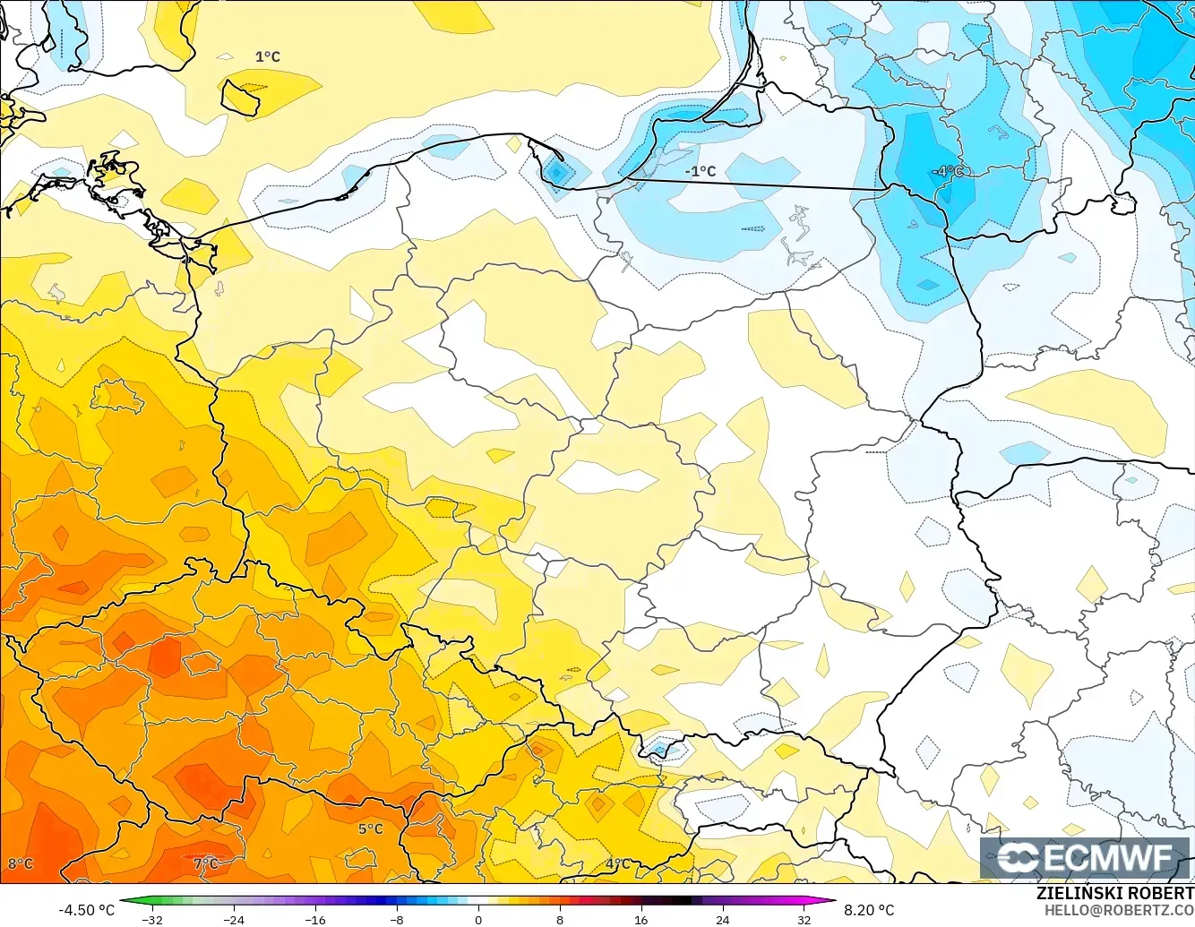 ECMWF IFS 0.25° modelo - Poland, Temperature at 2m Anomaly