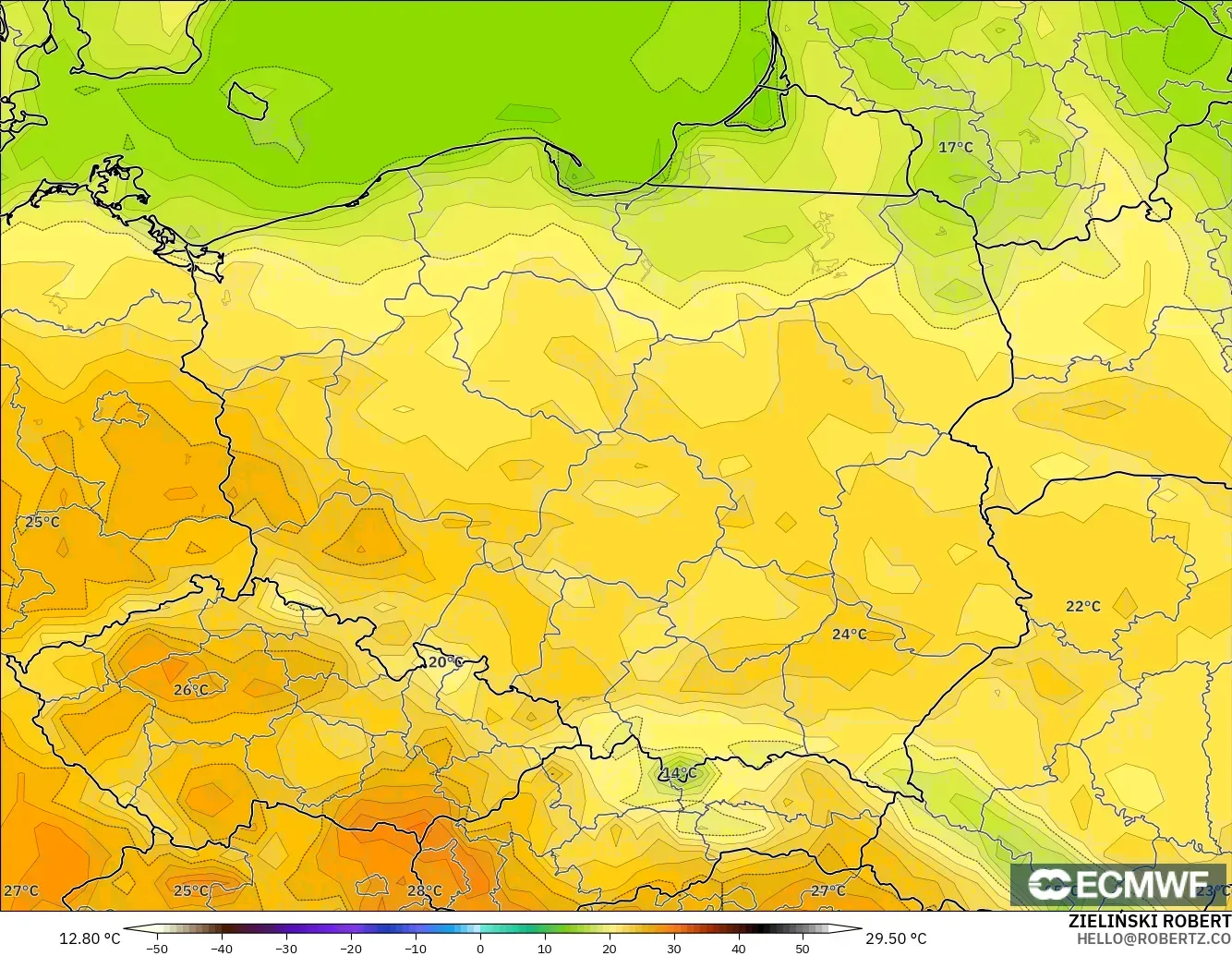 ECMWF IFS 0.25° modelo - Poland, Temperature at 2m