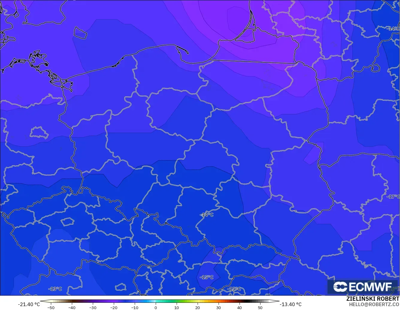 ECMWF IFS 0.25° modelo - Poland, Temperature at 500hPa