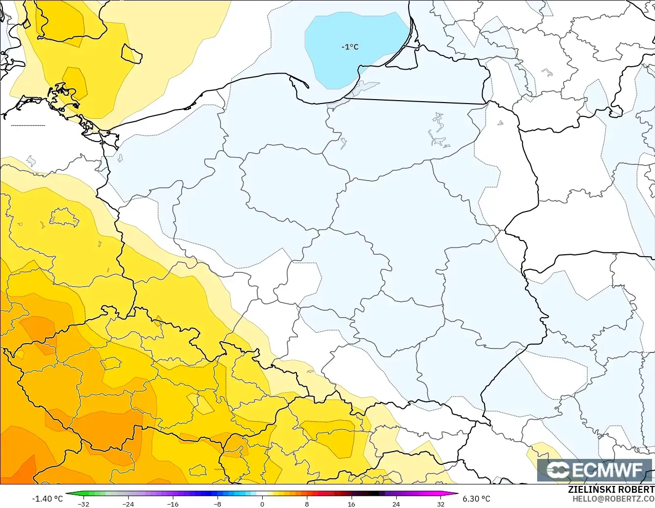ECMWF IFS 0.25° modelo - Poland, Temperature at 850hPa Anomaly