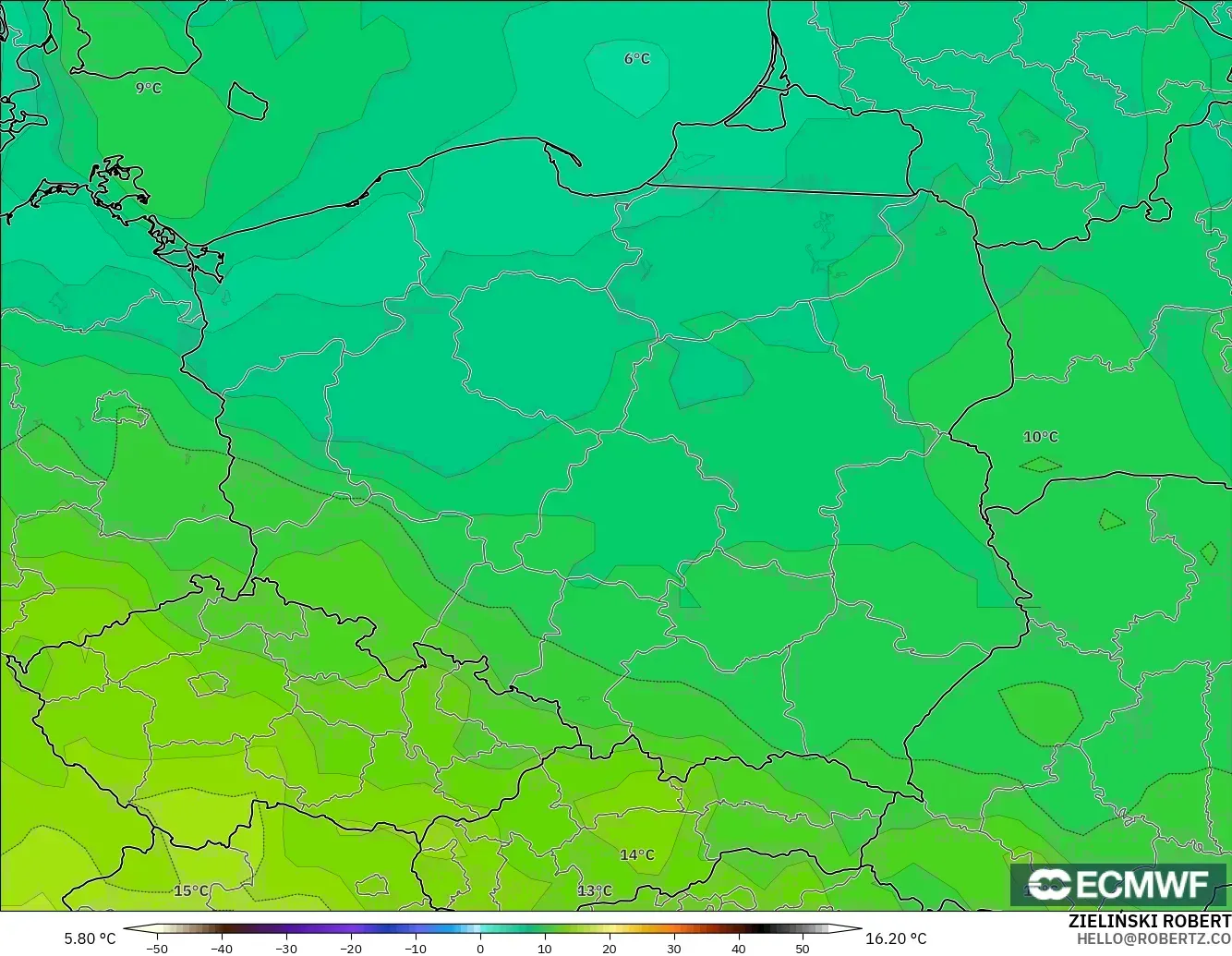 ECMWF IFS 0.25° modelo - Poland, Temperature at 850hPa