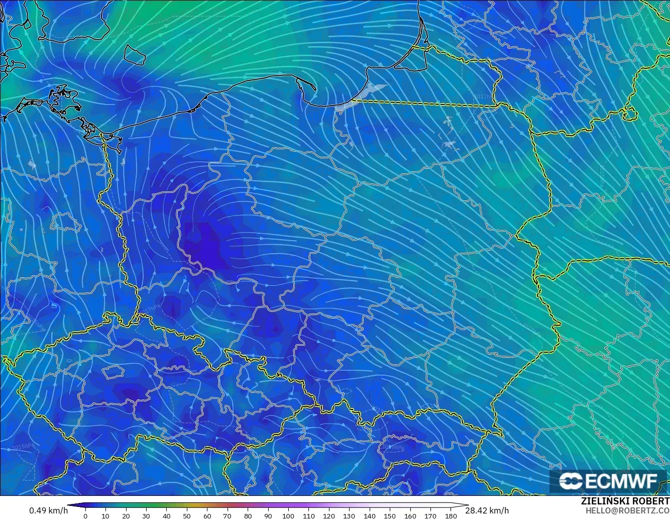 ECMWF IFS 0.25° model - Polandia, Angin 10 m
