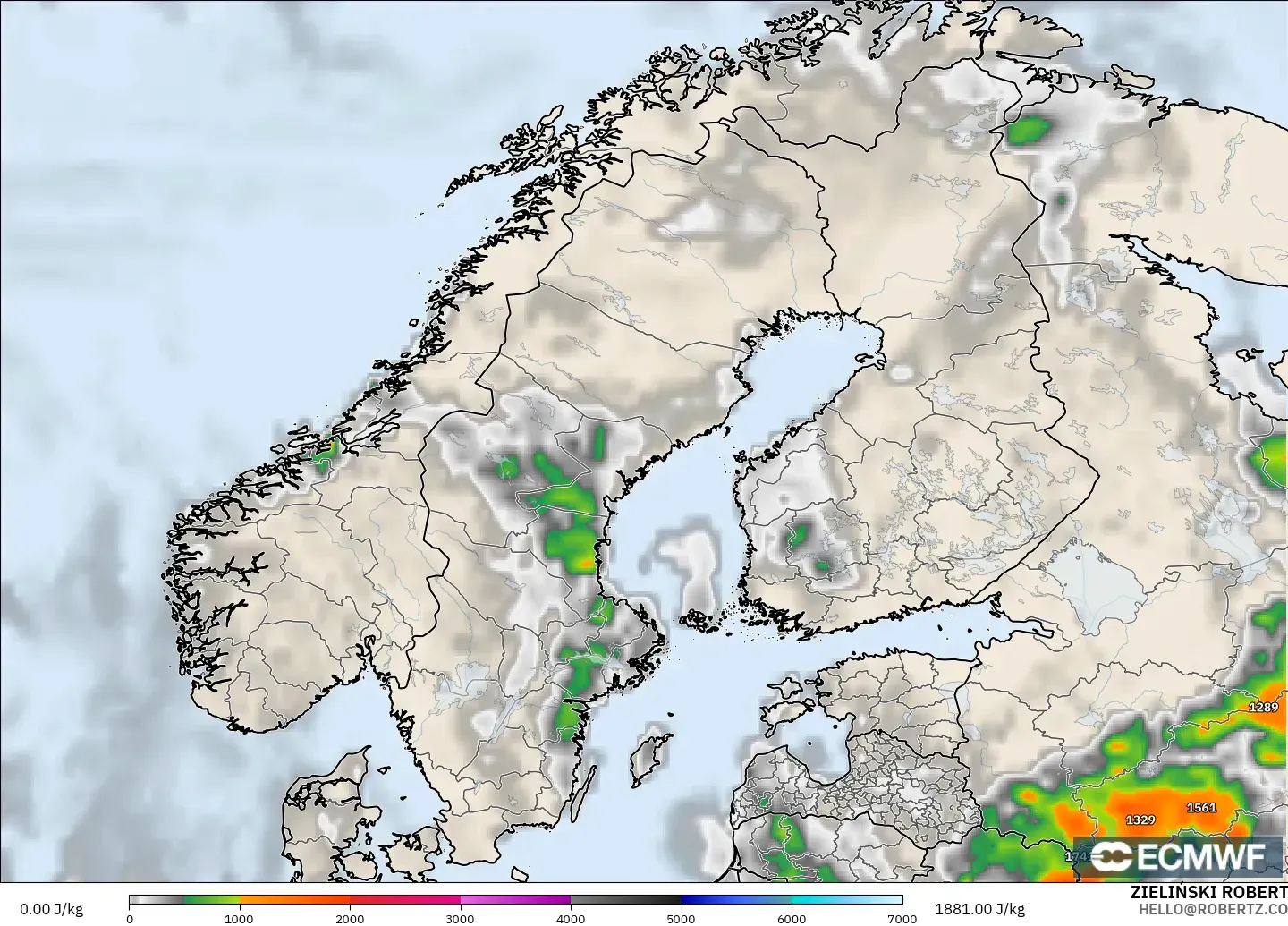 ECMWF IFS 0.25° modelo - Scandinavia, CAPE