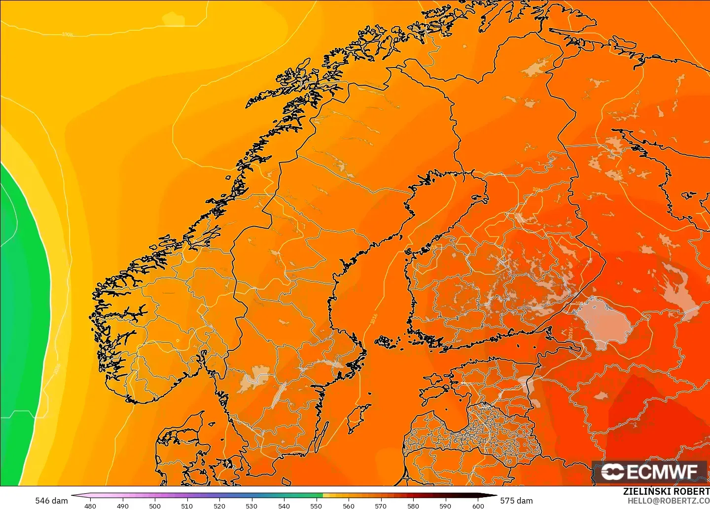 ECMWF IFS 0.25° modelo - Scandinavia, Geopotential height at 500hPa