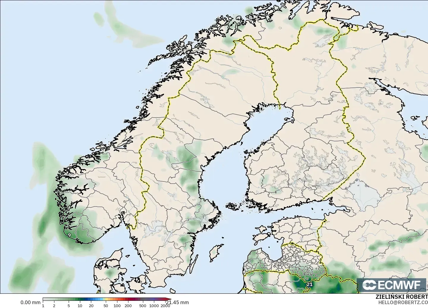 ECMWF IFS 0.25° modelo - Scandinavia, Precipitation Accumulation