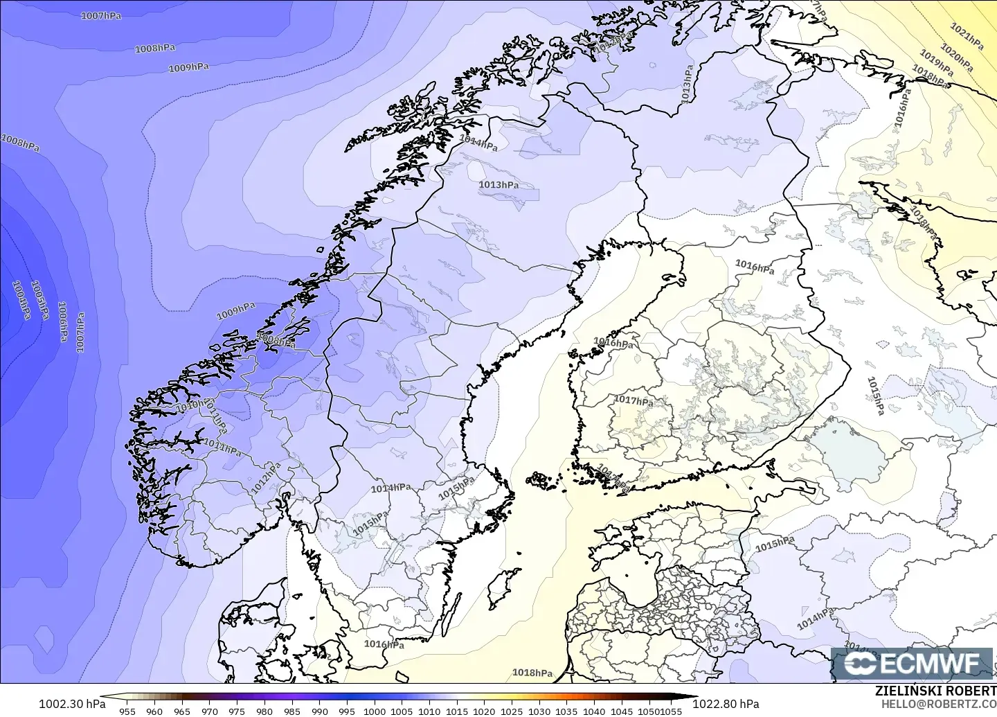 ECMWF IFS 0.25° model - Skandinavia, Tekanan