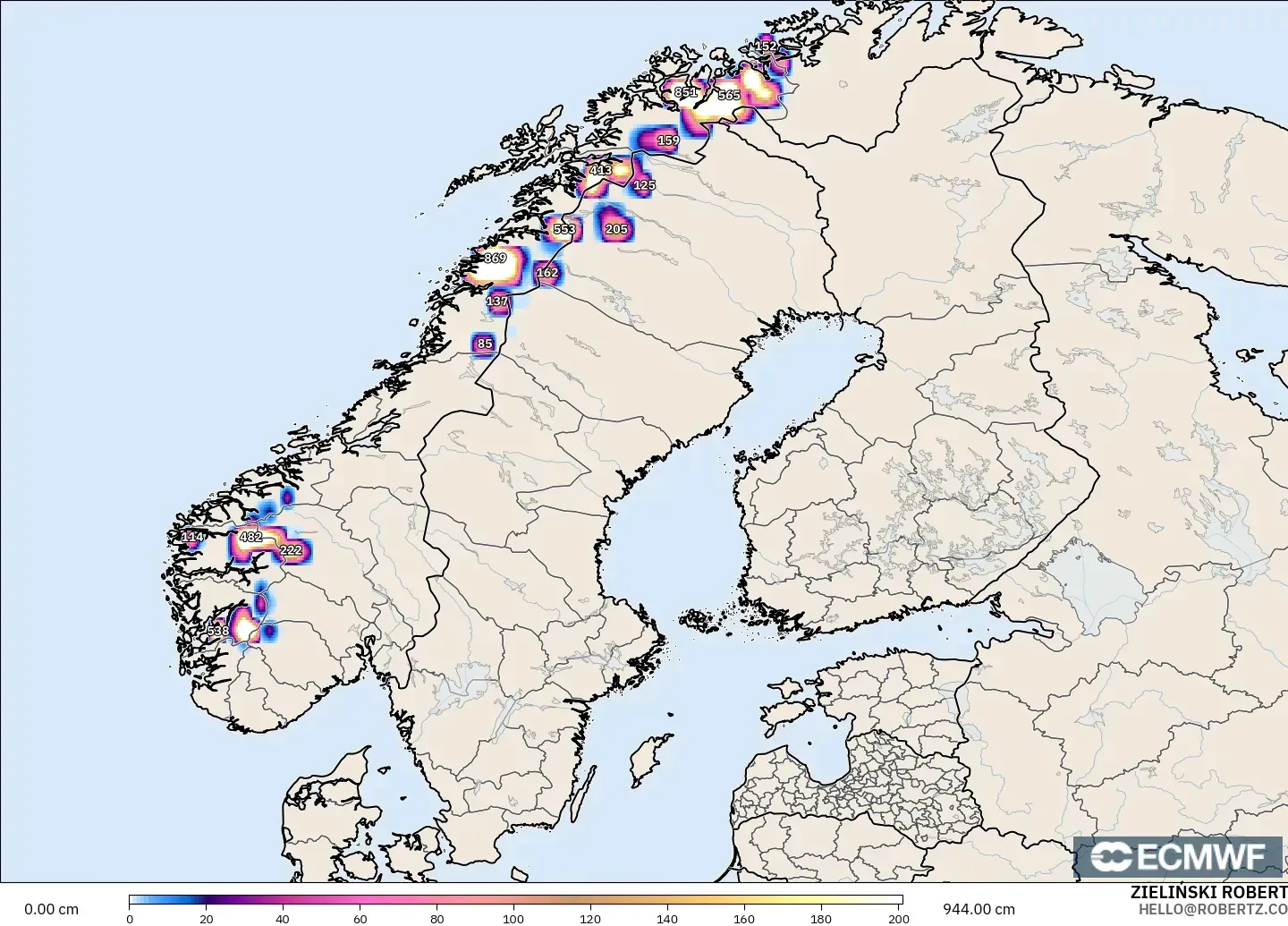 ECMWF IFS 0.25° model - Skandinavia, Kedalaman Salju