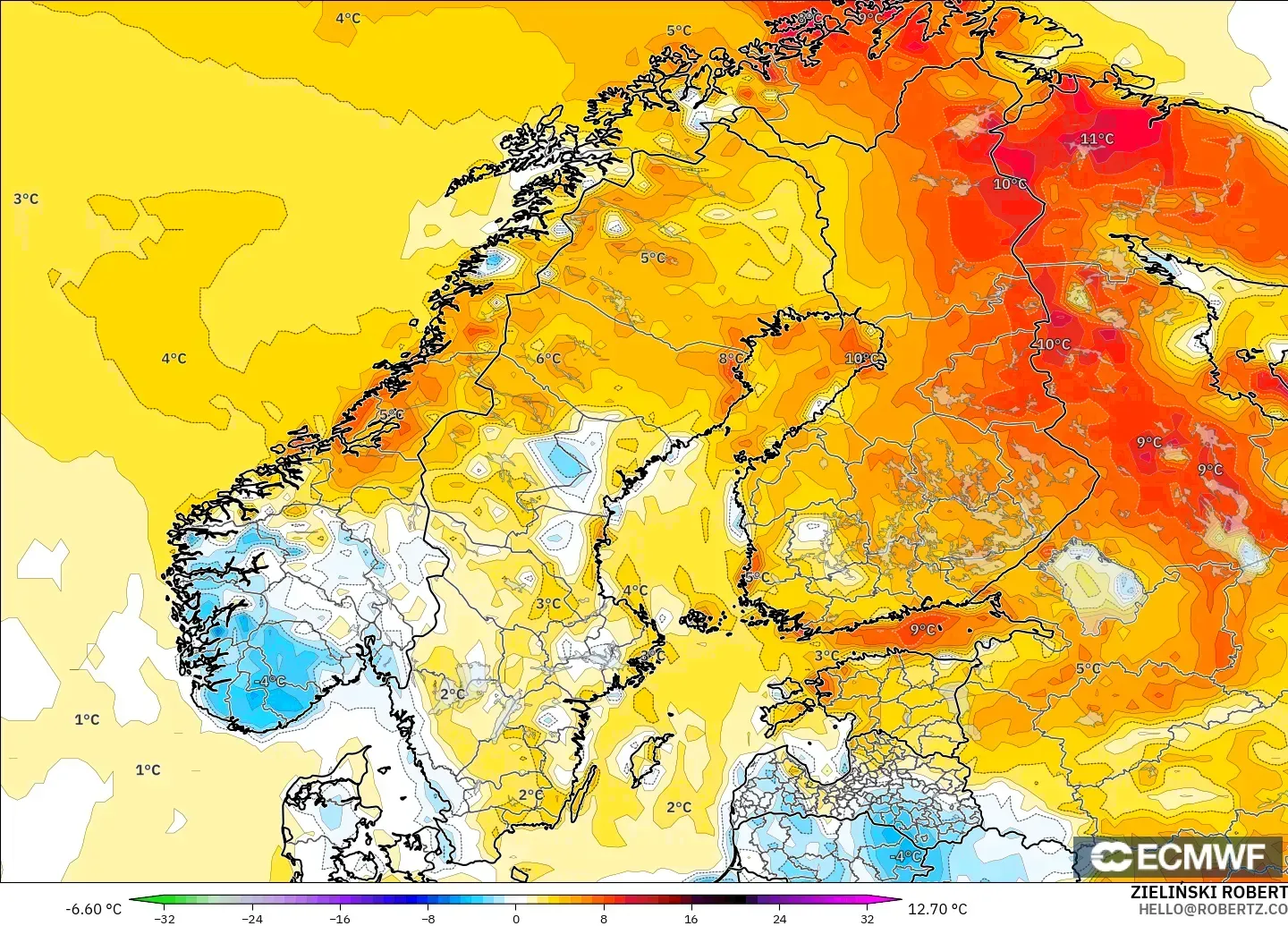 ECMWF IFS 0.25° modelo - Scandinavia, Temperature at 2m Anomaly