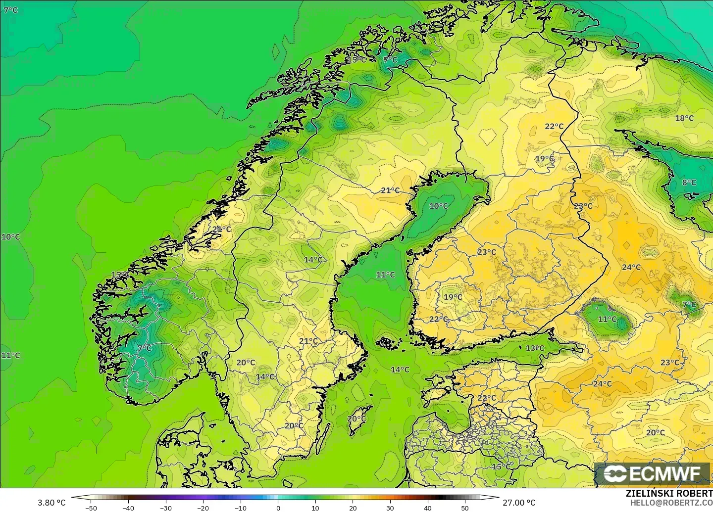 ECMWF IFS 0.25° modelo - Scandinavia, Temperature at 2m