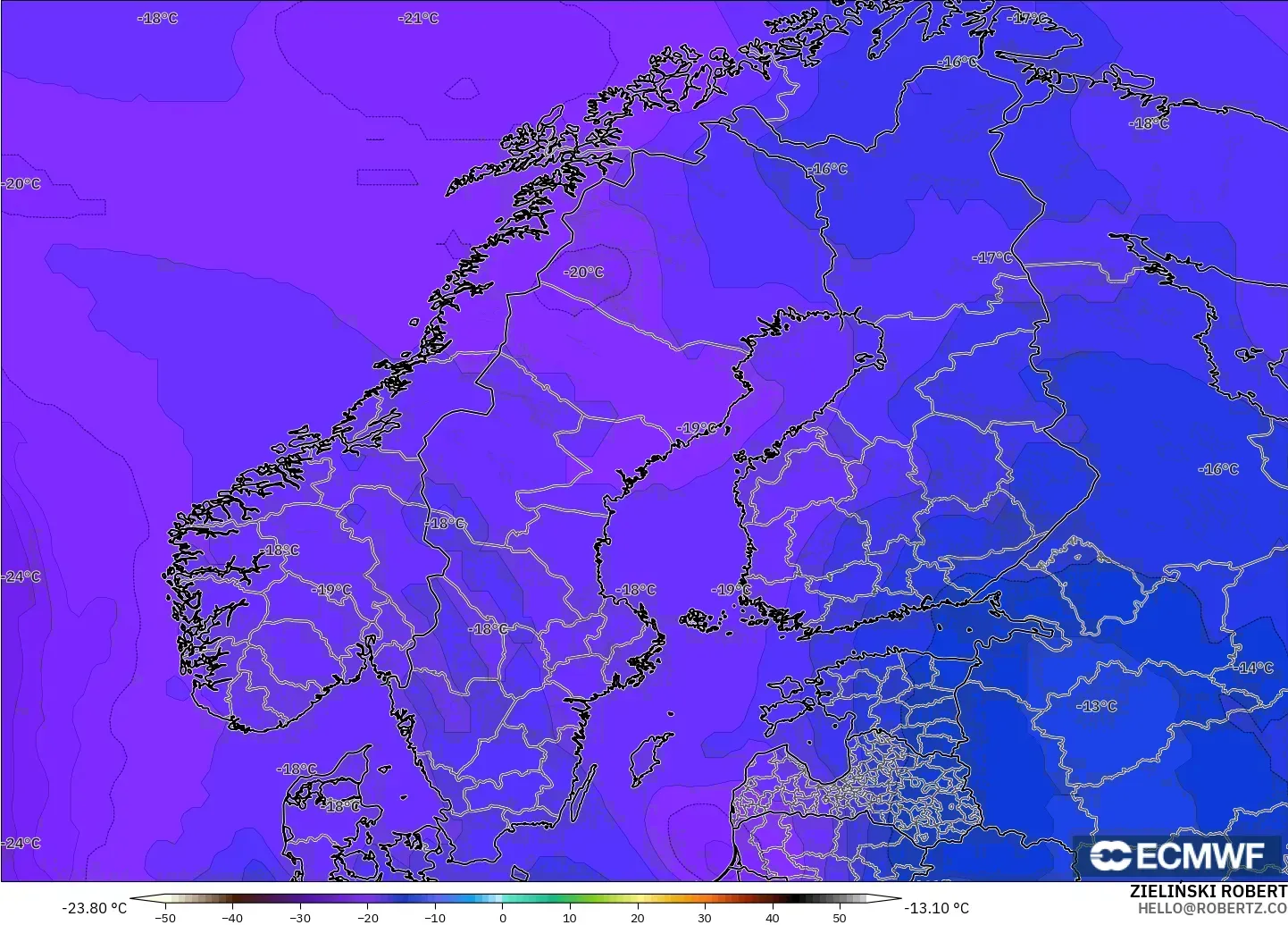 ECMWF IFS 0.25° modelo - Scandinavia, Temperature at 500hPa