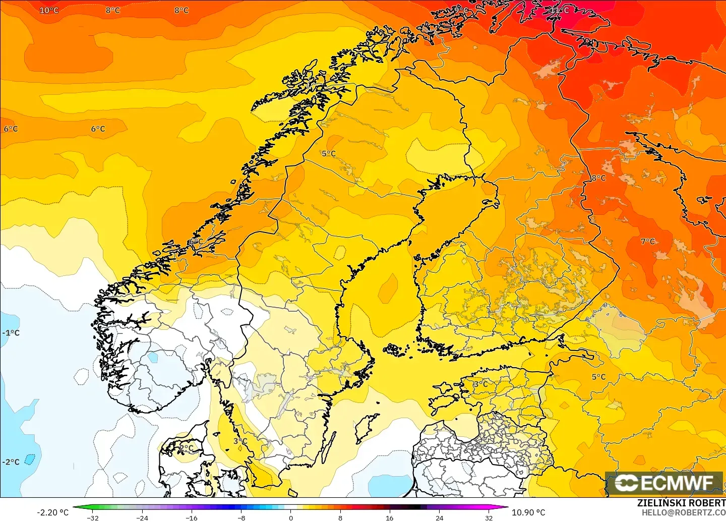 ECMWF IFS 0.25° modelo - Scandinavia, Temperature at 850hPa Anomaly