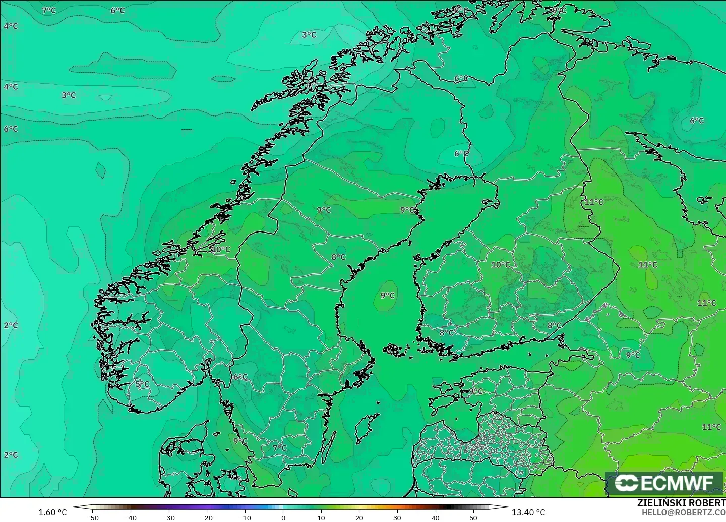 ECMWF IFS 0.25° modelo - Scandinavia, Temperature at 850hPa