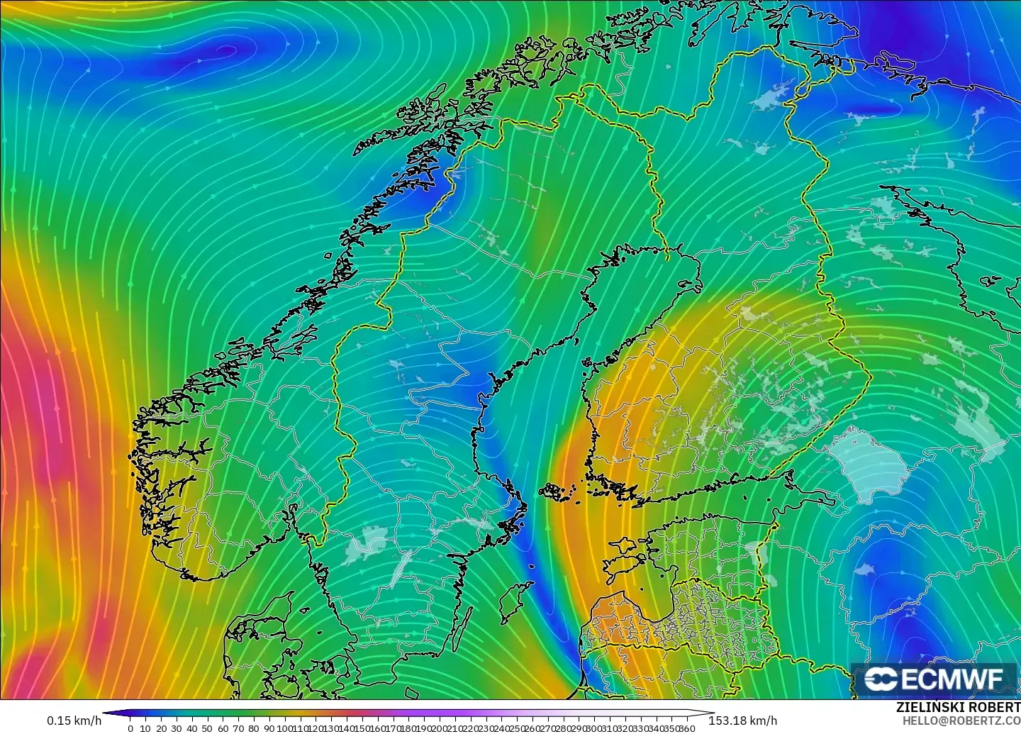 ECMWF IFS 0.25° model - Skandinavia, Angin 300 hPa (aliran jet)